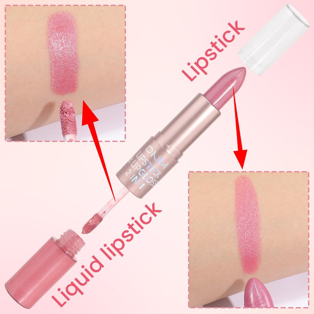 evpct 2 in 1 Light Pink Glitter Metallic Shimmer Diamond Lipstick and Lip Gloss Set for Women Long Lasting Waterproof, Bright Rose Pink Sparkle Glitter Shiny Lipstick and Lip Liner Makeup set, 01#-Velvo Beauty