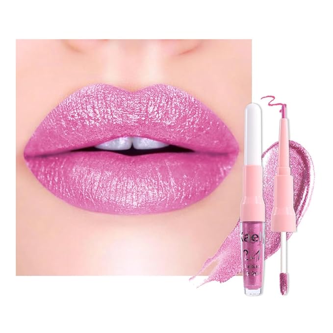 evpct Light Rose Pink Metallic Glitter Lip Liner and Lipstick Combo Lip Gloss Stain Set Makeup for Women Long Lasting Waterproof 24, Pink Metallic Shimmer Frosted Iridescent Shiny Liquid Lipstick 10-Velvo Beauty