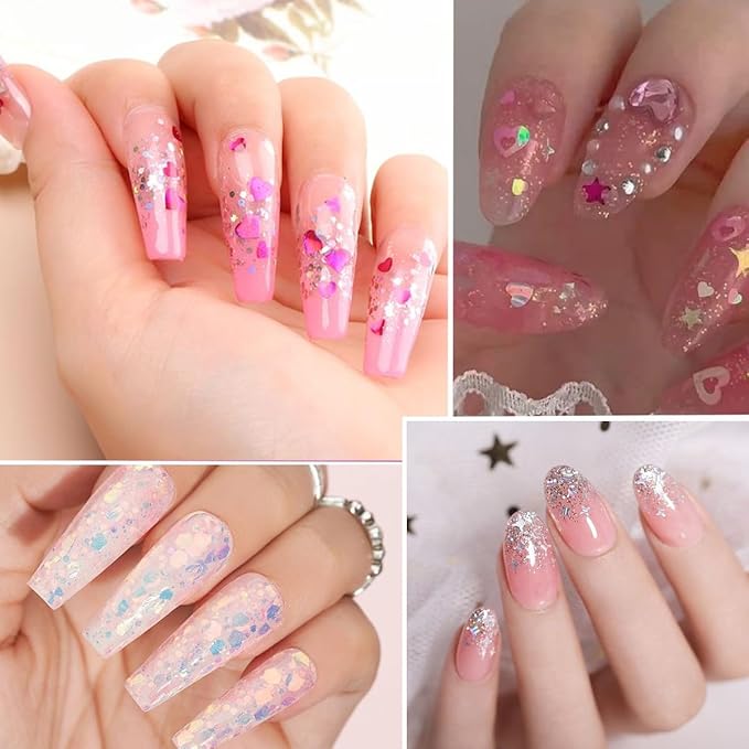 12 Grids Star Nail Art Glitter Sequins Heart Shaped Mermaid Nail Sequins Holographic Mermaid Nail Flakes Sticker Sequin Heart Nail Art Glitter for Women DIY Acrylic Nail Decoration-Velvo Beauty