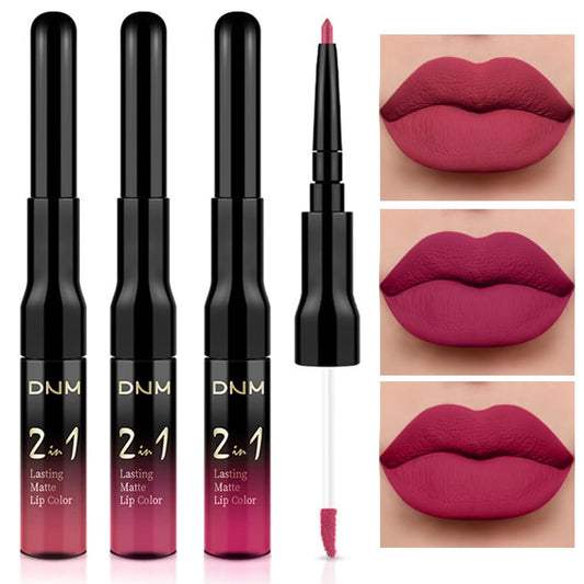 evpct 3Pcs Mauve pink Berry pink Rose red Lip Stain Paint Matte Lip Liner and Lipstick Set Long Lasting labiales matte mate larga duracion listip 24 hour a prueba de agua mate 24 horas originales-Velvo Beauty
