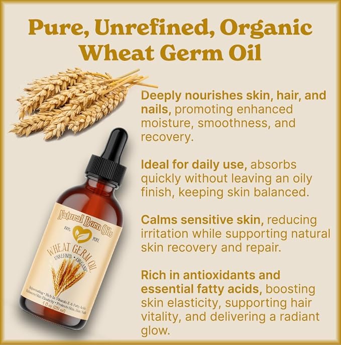 Natural Born Oils Wheat Germ Oil. 4oz. 100% Pure, Natural, Organic, Cold-pressed, Unrefined, Rejuvenating, Rich in Vitamin E. Moisturizer for Skin Hair-Velvo Beauty