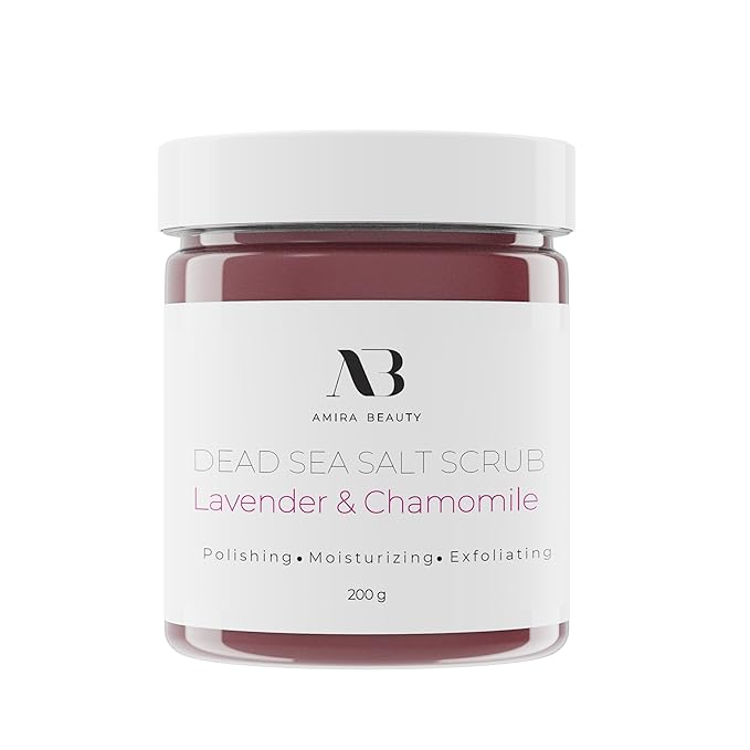 Amira Beauty Dead Sea Salt Body Scrub | Lavender & Chamomile | Foaming Shower Scrub with Organic Essential Oils | Exfoliates and Moisturizes Skin | 7 OZ-Velvo Beauty
