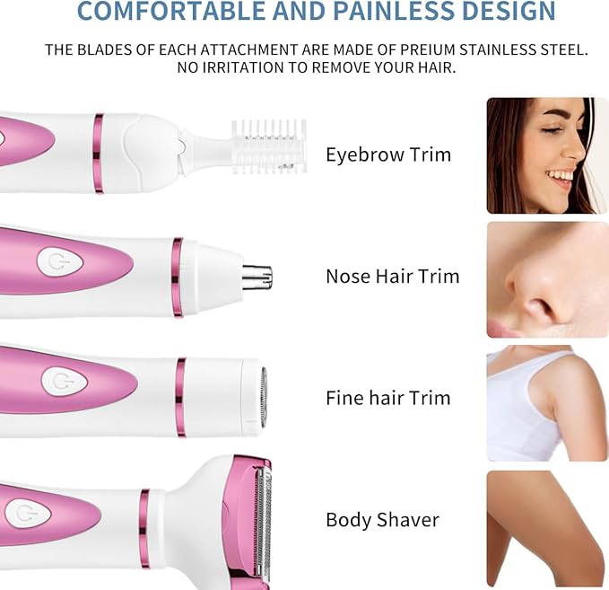 Electric Razor for Women, Bikini Trimmer Womens Shaver for Face Nose Eyebrow Body Leg Pubic Underarm Arm Ladies Rechargeable 4 in 1 Hair Removal Kit Painless Trimming, Gifts for Women (Pink)-Velvo Beauty
