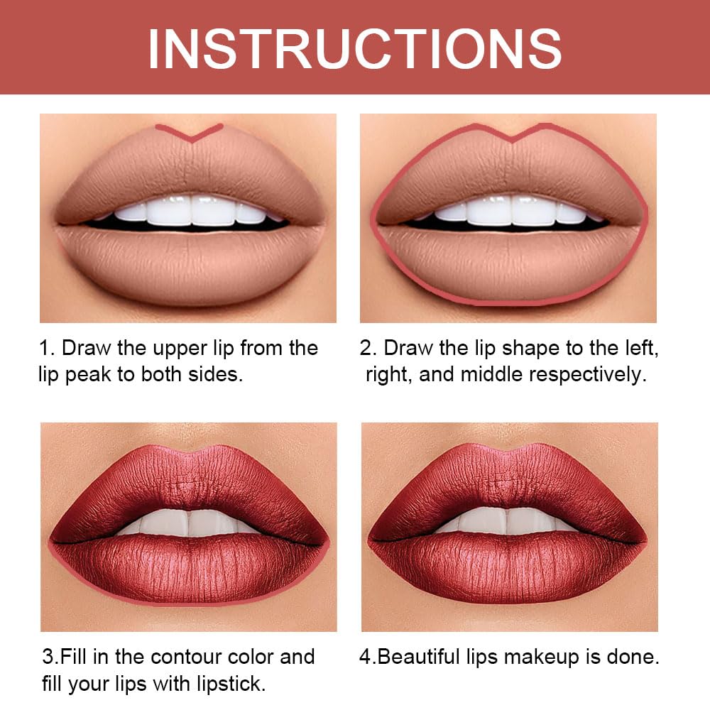 Kaely 2-in-1 Mauve Red Metallic Lip Liner & Lipstick Set Kit for Women, Lips Kit with Lip Liner Lip Stains Long Lasting Waterproof 24 Hour Lipstick and Lip Liners Combo Lipliners Pencil Set 08-Velvo Beauty