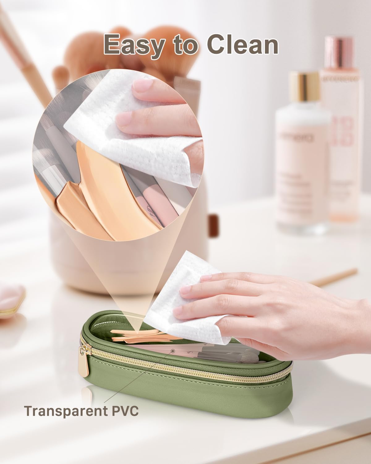 Clear Travel Makeup Brush Holder, Leather Makeup Brush Toiletry Bag, Portable Cosmetic Brush Case, Transparent Waterproof Makeup Brush Storage Bag, Green-Velvo Beauty