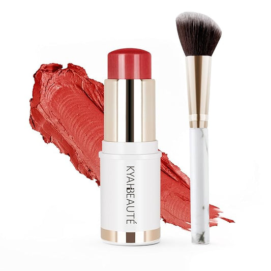 Blush Stick, Cream Blush for Cheeks and Lip Tint, Dewy Finish, Buildable & Blendable Color, Lightweight & Long-Lasting Formula | Salad Day-Coral & Angled Blush Brush(0.53fl.oz)-Velvo Beauty