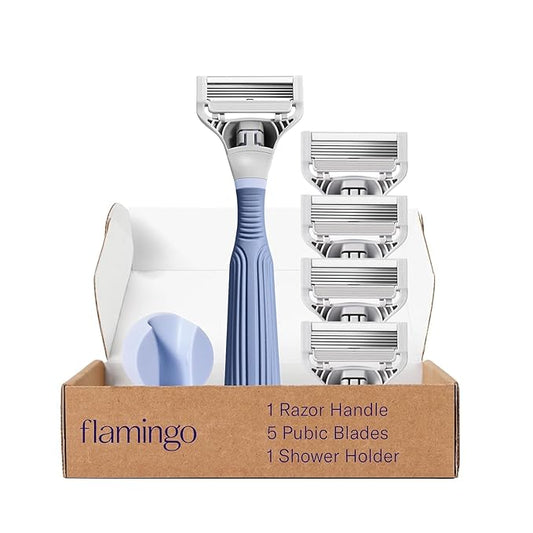 Flamingo Pubic Hair Razor for Women, Shaving Kit, 1 Pubic Razor Handle, 4 Five-Blade Refills, 1 Shower Holder, Starter Set, Full Kit-Velvo Beauty