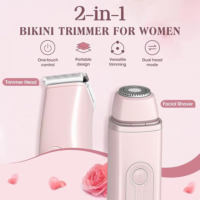 Bikini Trimmer Electric Razors for Women, 2-in-1 Dual-Head Cordless Body Hair Trimmer Facial Hair Removal for Face Lip Chin Pubic Underarm Legs, IPX6 Waterproof, Gifts for Women-Velvo Beauty