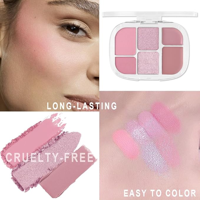 6-in-1 Cream & Powder Makeup Palette for Old Women – Blush, Highlighter & Eyeshadow, Matte & Shimmer Finish, Rose Nude Tones, Travel-Friendly Compact 03-Velvo Beauty