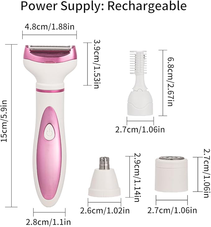 Electric Razor for Women, Bikini Trimmer Womens Shaver for Face Nose Eyebrow Body Leg Pubic Underarm Arm Ladies Rechargeable 4 in 1 Hair Removal Kit Painless Trimming, Gifts for Women (Pink)-Velvo Beauty
