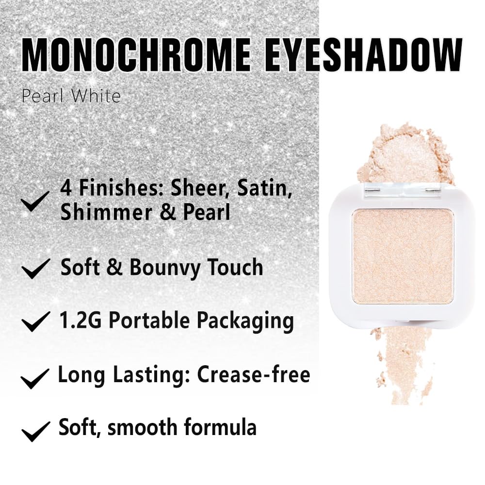 White Pearl Glitter Single Eyeshadow Palette - Single Shimmer Eye Shadow in Pearl White, Natural Highly Pigmented, Blendable Monochrome Powder Eye Shadow, Eyeshadow Palette Gift for Girls Women-Velvo Beauty