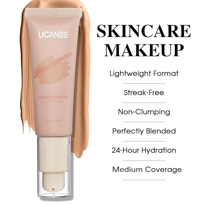 UCANBE Matte Liquid Foundation with Brush, Skincare Serum Foundation Face Makeup with Hyaluronic Acid, Medium to Full Coverage Waterproof Oil Control Longwear, for Mature Skin, Nude Beige, 1 fl. oz.-Velvo Beauty