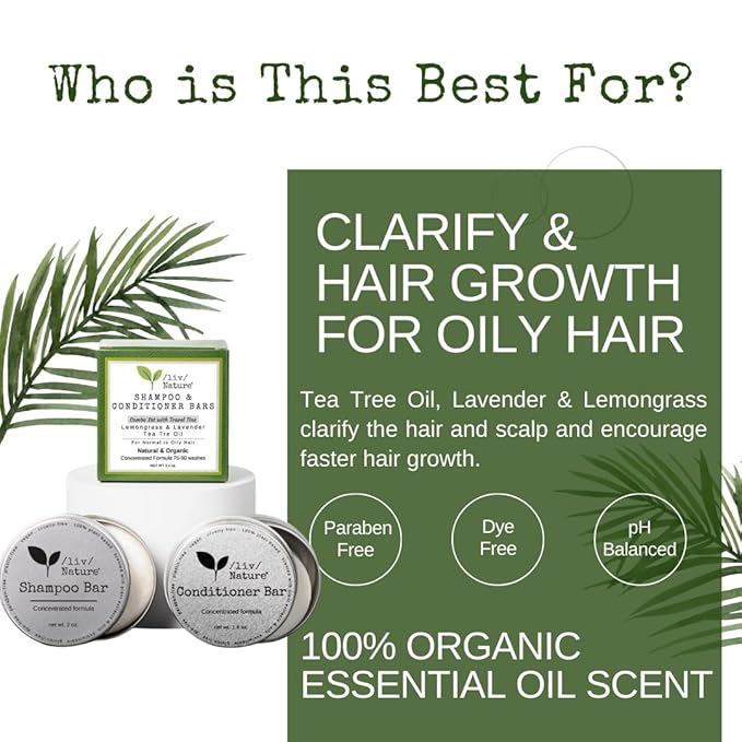 Shampoo Bar and Conditioner with Travel Tins | Lemongrass, Lavender, Tea Tree Oil | Clarifying & Growth | For Oily Hair | USA 2-pk-Velvo Beauty
