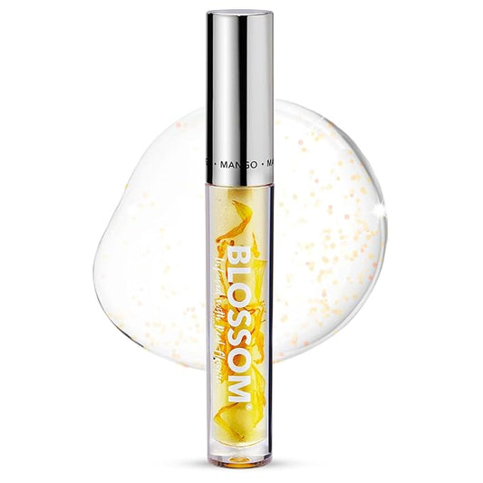 Blossom Moisturizing and Hydrating Shimmer Sparkle Lip Oil with Olive Oil + Grape Seed Oil, Infused with Real Flowers, 3g, Mango-Velvo Beauty