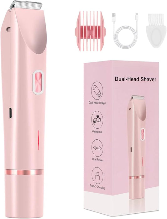 Dermave Bikini Shaver - Bikini Trimmer for Women, Dual Head Shaver Painless Hair Removal for Face, Body & Intimate Areas (Pink)-Velvo Beauty
