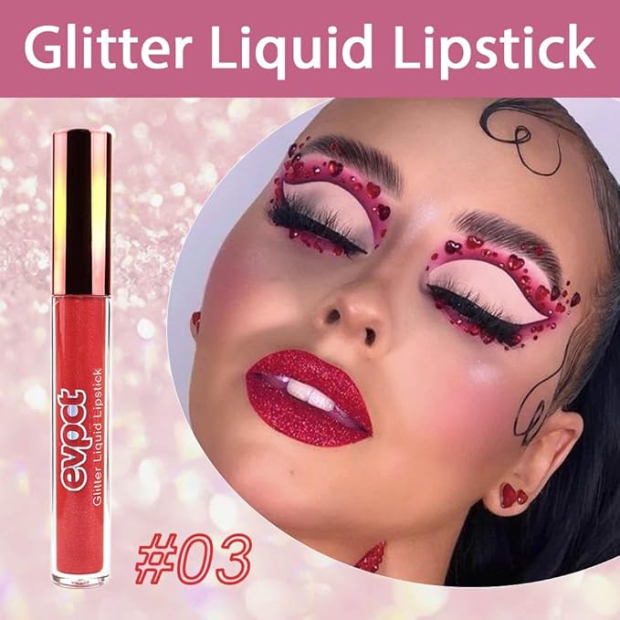 evpct 1Pcs Hot Bright Red Glitter Metallic Shimmer Diamond Lipstick Lip Gloss Stain Set for Women Long Lasting Waterproof, Dark Red Sparkle Glitter Matte long wear Liquid Lipstick Lip Makeup Kit-Velvo Beauty