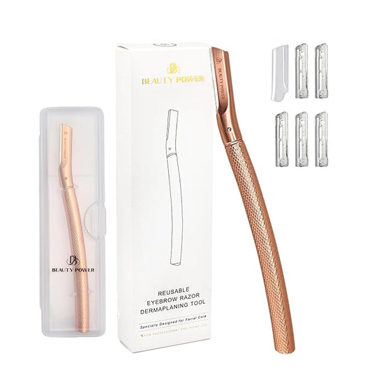 Eyebrow Razor with 6 Blades & Travel Case – Face Razors for Women & Men, Eyebrow Trimmer Shaper with Precision Cover, Facial Shaver & Dermaplaning Tool for Smooth Skin (Rose Gold)-Velvo Beauty