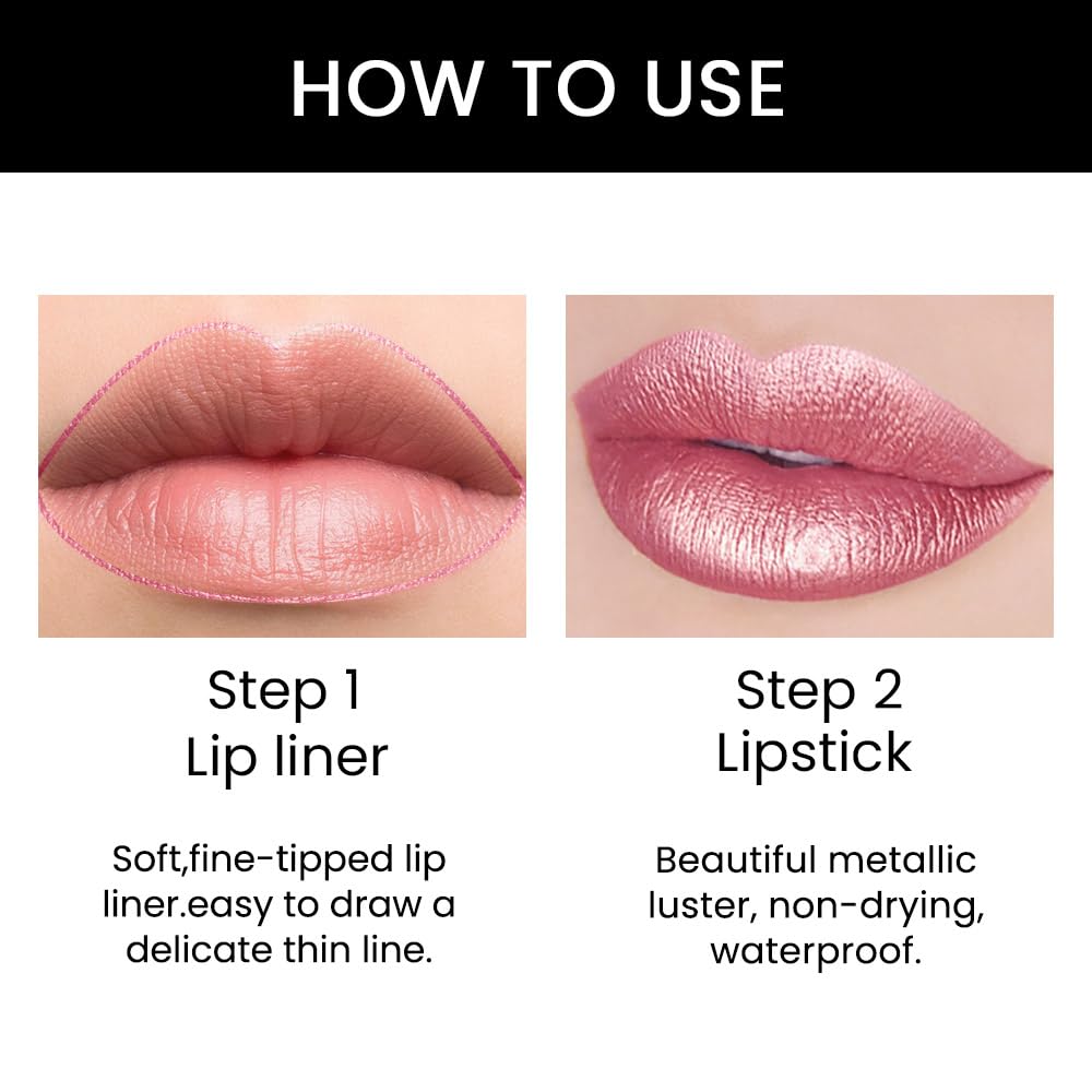 Kaely 2-in-1 Light Pink Pale-Pink Metallic Shine Shimmer Lip Liner & Lipstick Combo Set Kit for Women, Lightweight Hydrating Formula High Impact Full Coverage Lipstick and Lip Liner Makeup Gloss 16-Velvo Beauty