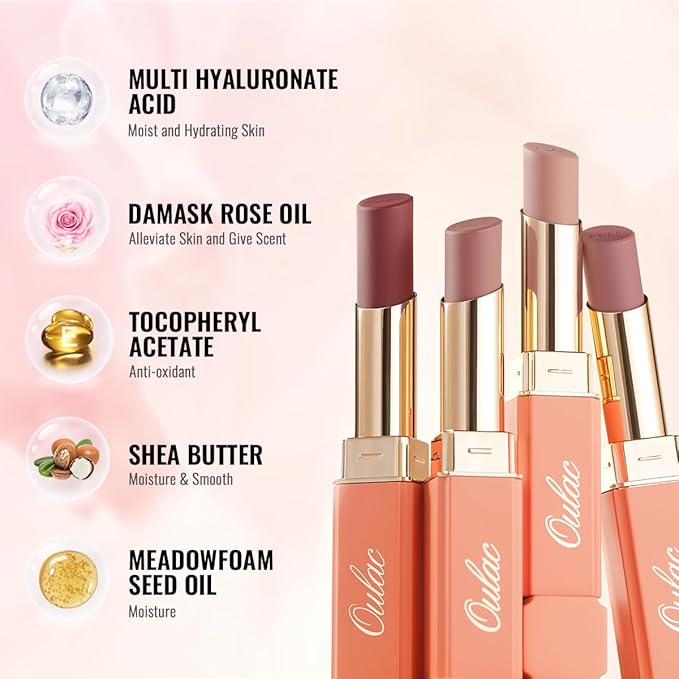 Oulac Nude Lipsticks for Women, Pink Matte Lip Stick, Full Coverage Lip Color, Satin Matte Finish, Cream Texture, Hydrating, Infused with Hyaluronic Acid, Vegan & Clean Beauty 4g SG03 Be Seductive-Velvo Beauty