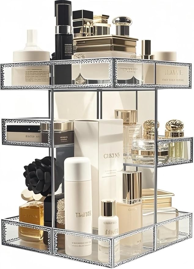 Hersoo 360 Degree Rotation Cosmetic Organizer -Premium Makeup Storage with Spin Base,Antique Countertop Cosmetic Storage,Large Capacity,Beauty Display for Countertop,Vanity or Bathroom (silver)-Velvo Beauty