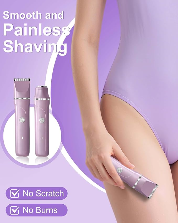 Dermave Bikini Shaver - 2 in 1 Waterproof Bikini Trimmer for Women Cordless Electric Razors for Women, Dry/Wet Use for Bikini, Armpit, Face, Rechargeable Shaver with Detachable Head, Pearl Purple-Velvo Beauty