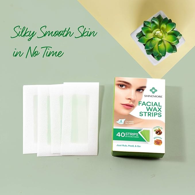 ShineMore Facial Wax Strips for hair removal - Hypoallergenic for All Skin Types - - Gentle and Fast-Working for Face, Eyebrow, Upper Lip, and Chin (40 Women Wax Strips + 4 Calming Oil Wipes NATURE NATION Ingredients )-Velvo Beauty