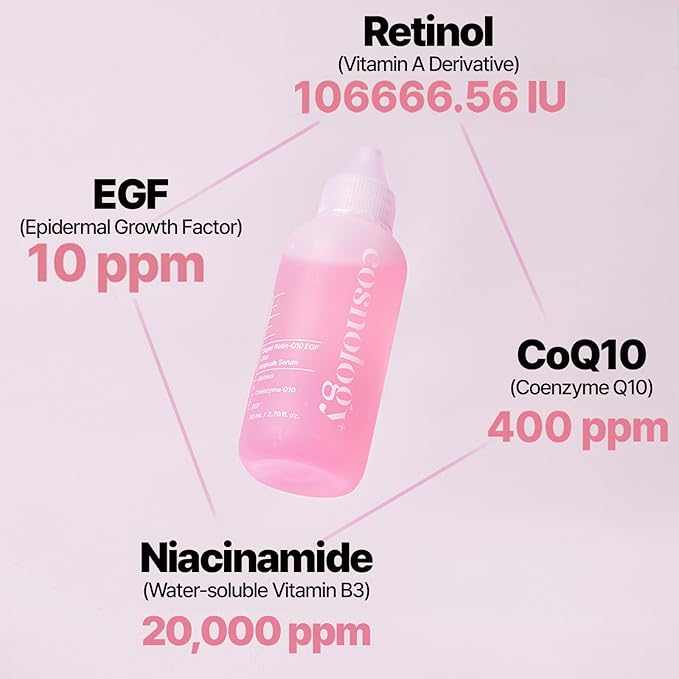 COSNOLOGY Retinol Anti-aging Serum with Coenzyme Q10,EGF,Pore Minimizing,Wrinkle Reduction,Centella Extract for Skin Soothing & Hydration | Clean Beauty, 2.70 fl.oz(80ml) | Korean Skincare-Velvo Beauty