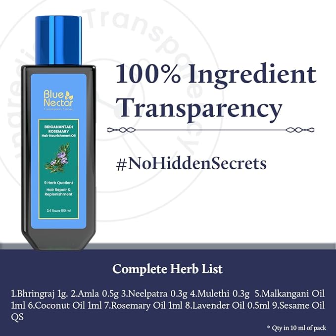 Blue Nectar Rosemary Oil with Bhringraj, Amla and 9 Herbs for Natural Hair Growth (6.76 Fl Oz)-Velvo Beauty