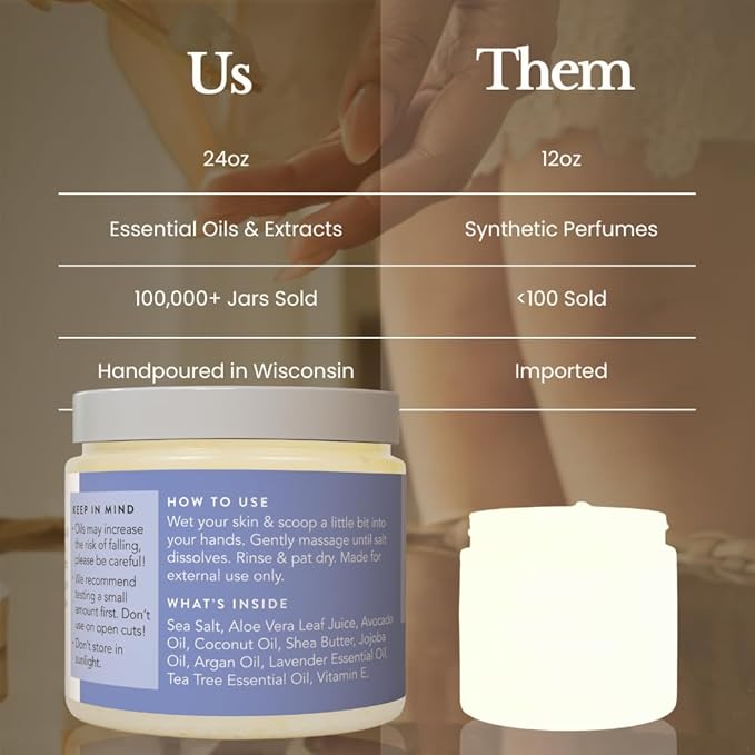 Bare Botanics Lavender Tea Tree Body Scrub 24oz | Made in Madison, WI | All Natural Sea Salt Exfoliator w/ Skin Loving Moisturizers | Vegan & Cruelty Free | Gift Ready Packaging w/ a Cute Wooden Spoon-Velvo Beauty
