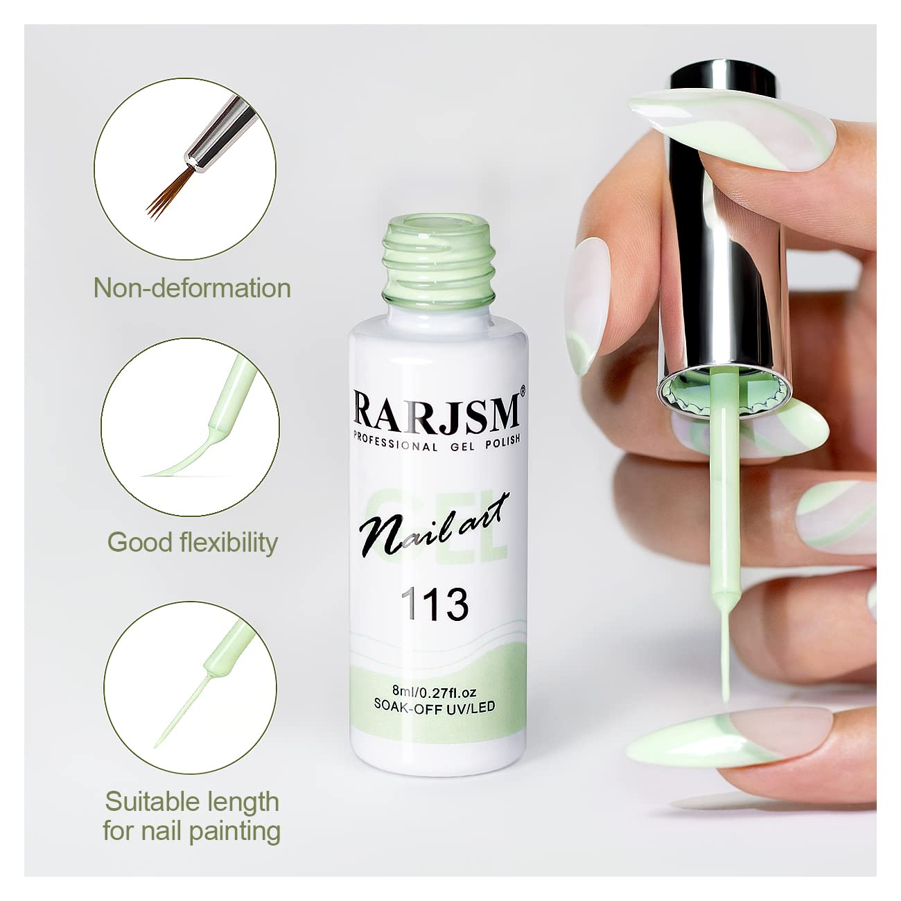 RARJSM Nail Art Liner Gel Nail Polish,Pastel Green Spring Summer Colors Pigment Gel Art Paint for Swirl Nails Painting Design Detailing Built in Thin Sharp Nail Brush Soak off Curing Required 8ml-Velvo Beauty