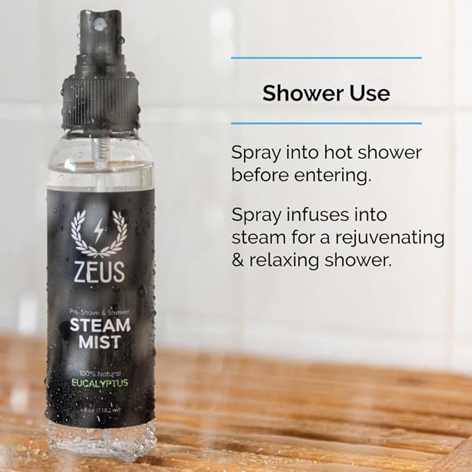 ZEUS 100% Natural Eucalyptus Oil Steam Mist, Aromatherapy Spray for Shower, Sauna, Bath & Pre-Shave, Nasal Relief & Spa-Inspired Refreshment (Made in USA) 4 oz.-Velvo Beauty