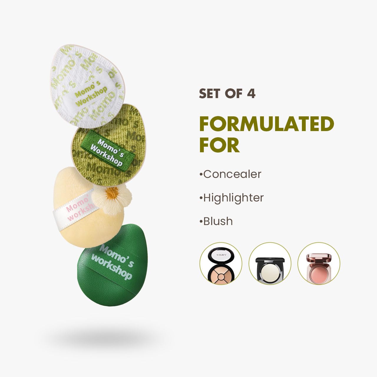 Mini Denim Makeup Sponge Set,Mini Makeup Blenders Sponge for Concealer/Blush/Highlighter, Perfect for Detail Work & Travel,4pcs Green Mini Concealer Puffs with Travel Pouch-Velvo Beauty