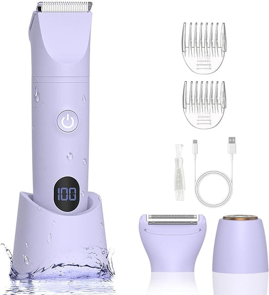 3-in-1 Bikini Trimmer for Women, IPX7 Waterproof Electric Shaver for Women-Rechargeable Electric Razors for Pubic, Facial & Body Hair Trimmer with LED Display, Travel Kit & Painless Blades (Purple)-Velvo Beauty