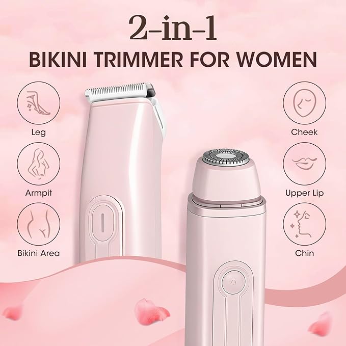 Lanumi 2 in 1 Electric Shaver Dual Head Bikini Trimmer Women IPX6 Wet Dry Pubic Hair Trimmer Rechargeable Body Facial Hair Remover for Face Lip Chin Underarm Legs (Pink)-Velvo Beauty
