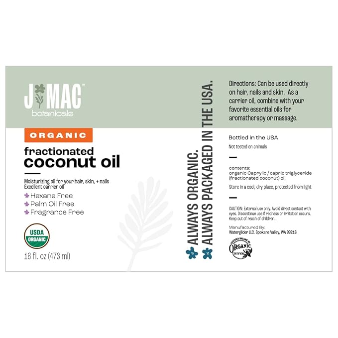 J MAC BOTANICALS Organic Fractionated Coconut Oil (16 Ounce Glass Bottle) Organic Carrier Oil and for DIluting Essential Oils, Moisturizer, Hair Care-Velvo Beauty