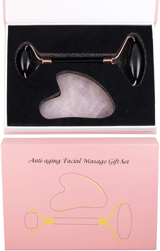 Rockcloud Natural Crystal Jade Roller and Gua Sha Scraping Set Massager Tool for Anti Aging Beauty Neck Body Reduce Wrinkles Facial Massager Therapy Black Obisidian and Rose Quartz Crystal Stone-Velvo Beauty