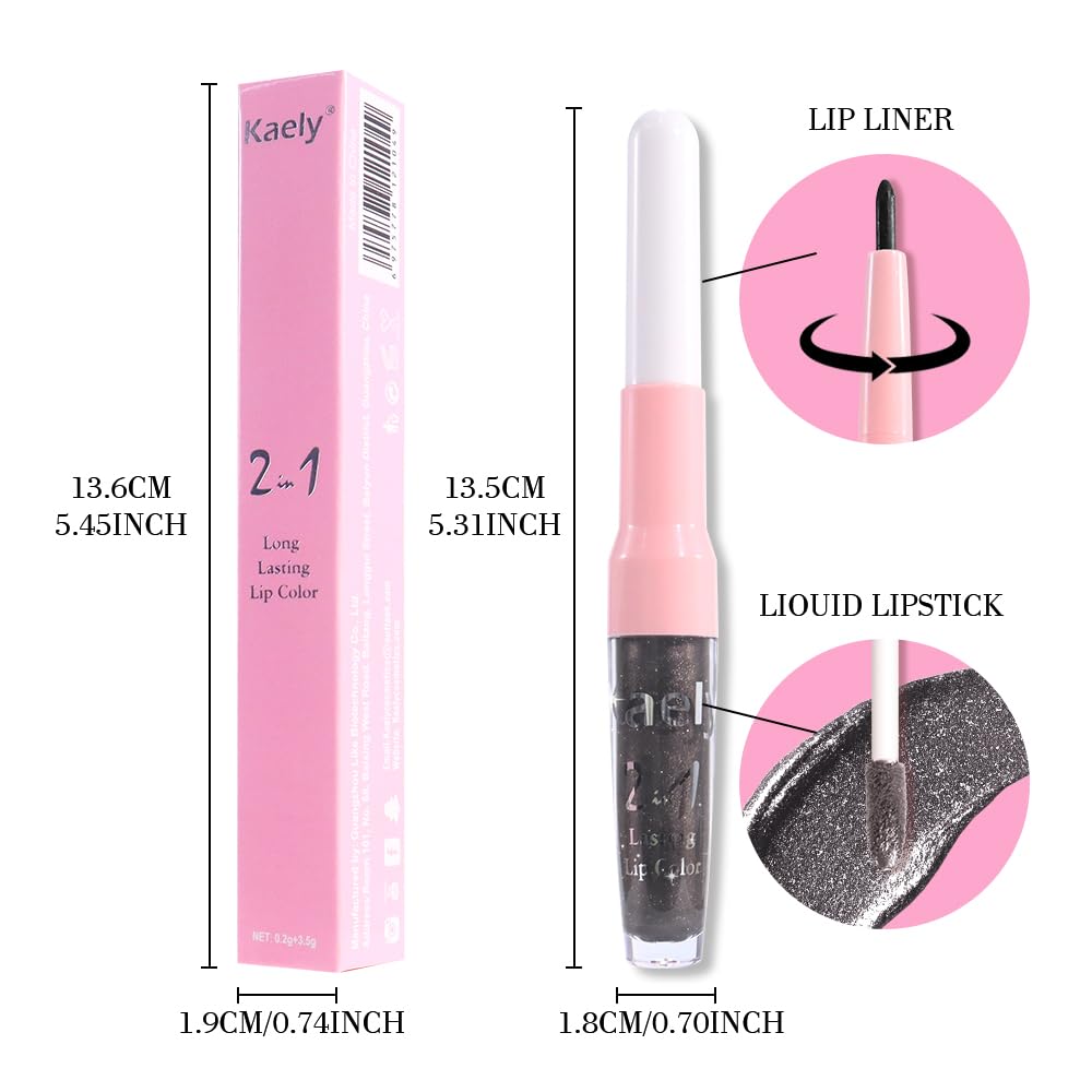 Kaely 2-in-1 Black Coal Metallic Lipstick and Lip Liner, Shimmer Liquid Metallic Lipsticks for Women, Glitter Lip Gloss Stain Long Lasting Waterproof Smudge Proof 24 Hour, Vegan Makeup, 17-Velvo Beauty