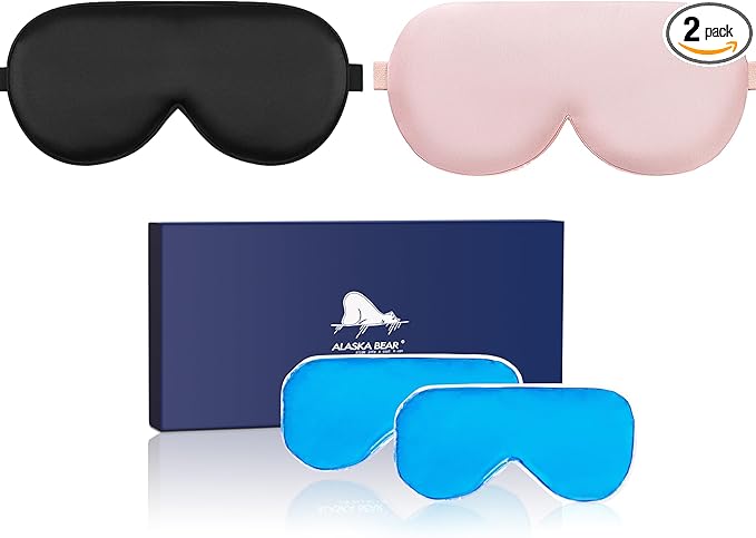 ALASKA BEAR Cooling Gel Eye Mask Weighted Silk Sleep Mask & Cotton Eyeshades Cold & Hot Compress for Pain Relief, 180g Heavy, 2 Set(Black & Pink)-Velvo Beauty
