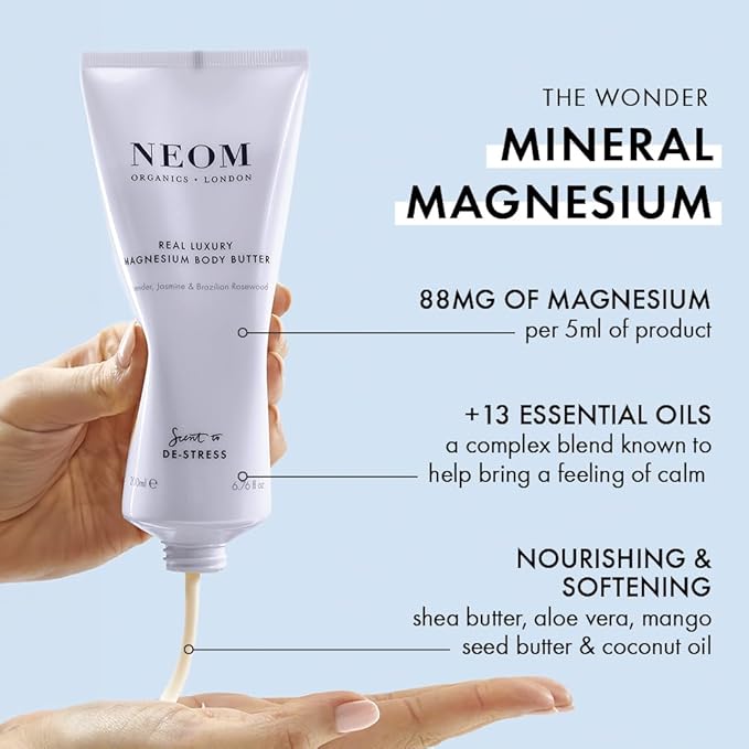 Neom - Magnesium Body Butter | 6.76 Fl Oz (200ml) | Lavender, Sandalwood & Jasmine | Calming Lotion with Essential Oils | 100% Natural Fragrances | Nourish & Soften | Signature De-Stress Scent-Velvo Beauty