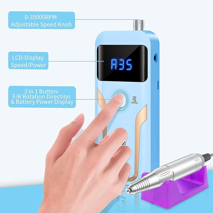 Portable Nail Drill Professional, 35000 RPM Rechargeable Electric Nail File Machine E File for Acrylic Nails Gel Polishing Removing, Cordless E-file with Bits Kit for Manicure Salon Home,Blue-Velvo Beauty