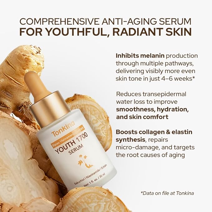 Youth 1700 Bakuchiol Serum with Niacinamide, Tranexamic Acid, Hyaluronic Peptides & Vietnamses Ginseng, Brightening Retinol Alternative for Face, Anti Aging & Dark Spot Remover-Velvo Beauty