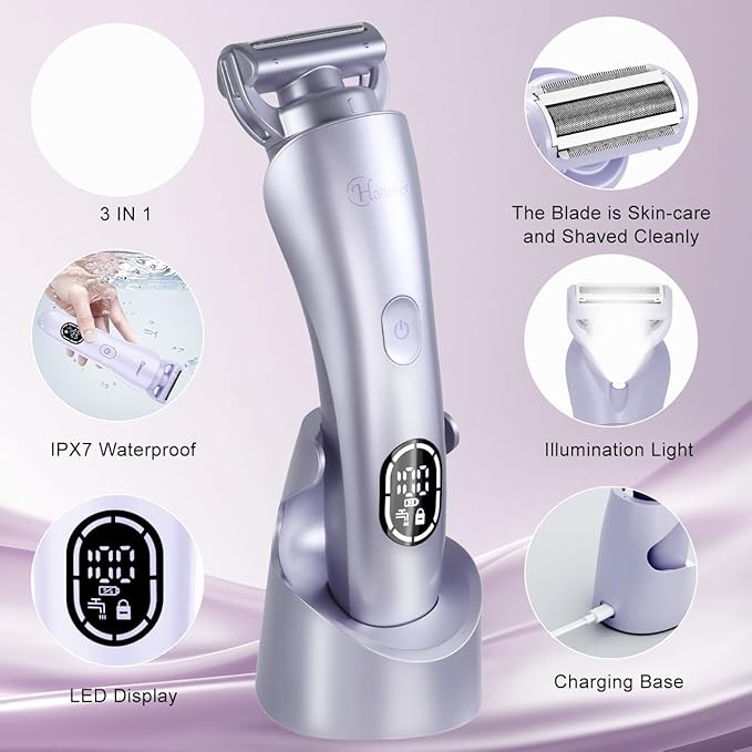 Hatteker Women's Electric Shaver Bikini Trimmer Hair Trimmer for Women LED Display Electric Razor for Legs Bikini Underarm Public Hairs Led Display IPX7 Waterproof Gift for Women (Purple)-Velvo Beauty