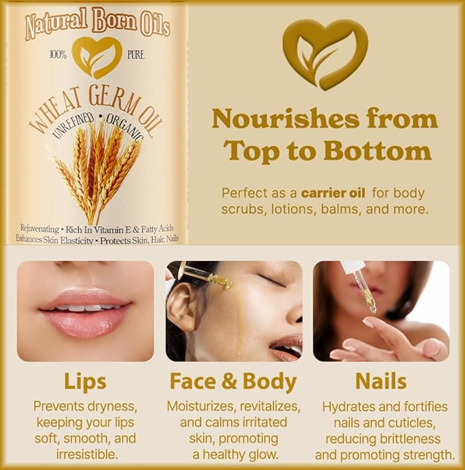 Natural Born Oils Wheat Germ Oil. 4oz. 100% Pure, Natural, Organic, Cold-pressed, Unrefined, Rejuvenating, Rich in Vitamin E. Moisturizer for Skin Hair-Velvo Beauty