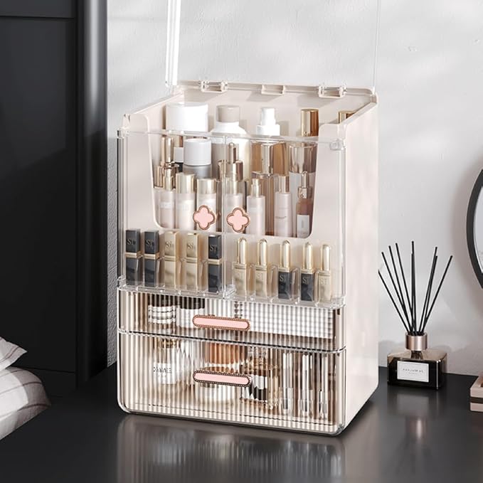 Acrylic Makeup Organizer with Drawers – 38.5CM Large Capacity Cosmetic Storage Box, Dustproof & Waterproof Vanity Organizer for Skincare, Jewelry, Lipsticks & Beauty Products (White)-Velvo Beauty