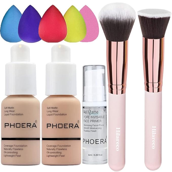 PHOERA Foundation 102 and 103 & Face Primer,Liquid Full Coverage Foundation Set,Foundation Brush Powder Brush,5 Makeup Sponge,30ml PHOERA 24HR Matte Oil Control Concealer (102 Nude + 103 Warm peach)-Velvo Beauty