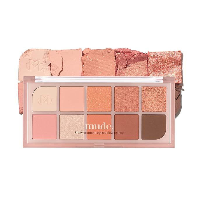 mude Shawl Moment Eyeshadow Palette Matte Shimmering Glitter Layering 10 Shades Highly Pigmented Blendable Color with Soft Texture Korean Makeup Eye Palette K-beauty-Velvo Beauty