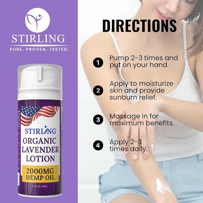 STIRLING Lavender Lotion β Organic Lavender with 2000mg Hemp Oil, Aloe Vera, and Vitamin E β Nourishing and Moisturizing Body Lotion for a Soft and Smooth Feel-Velvo Beauty