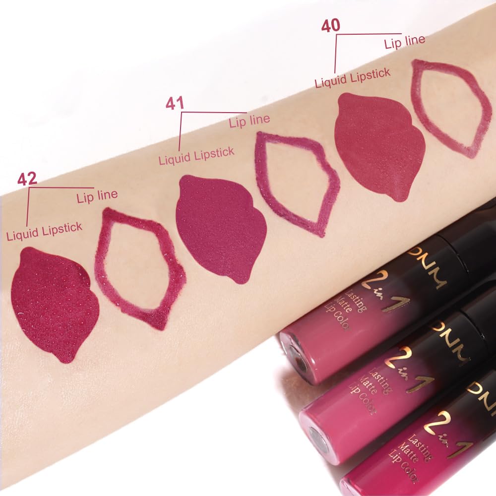 evpct 3Pcs Mauve pink Berry pink Rose red Lip Stain Paint Matte Lip Liner and Lipstick Set Long Lasting labiales matte mate larga duracion listip 24 hour a prueba de agua mate 24 horas originales-Velvo Beauty