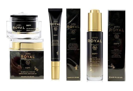 Jafra Royal Jelly Defy Trio-4D Defin Hydrator/Active Firming Serum/Eye Treatment-Velvo Beauty