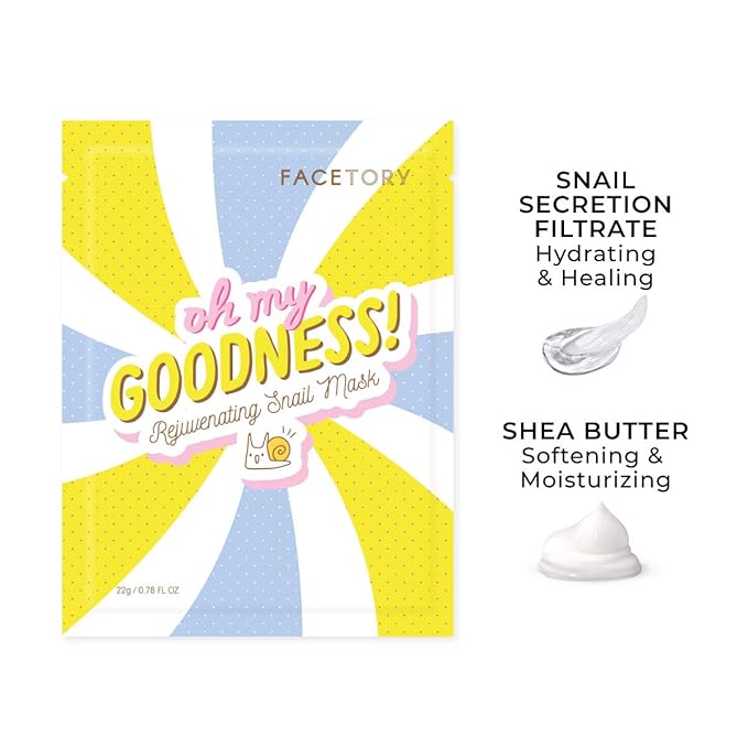 FACETORY K Beauty Face Mask Skin Care - OH MY GOODNESS REJUVENATING SNAIL Sheet Mask with Snail Essence & Hyaluronic Acid | Seal in Moisture (5 Pack)-Velvo Beauty